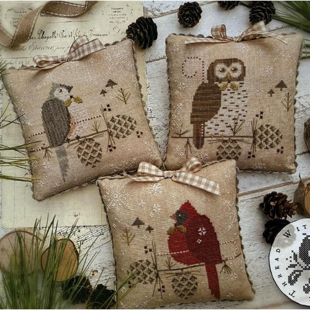 PEPPERMINT & PINE Cardinal, Owl & Titmouse Cross Stitch Pincushions Pattern